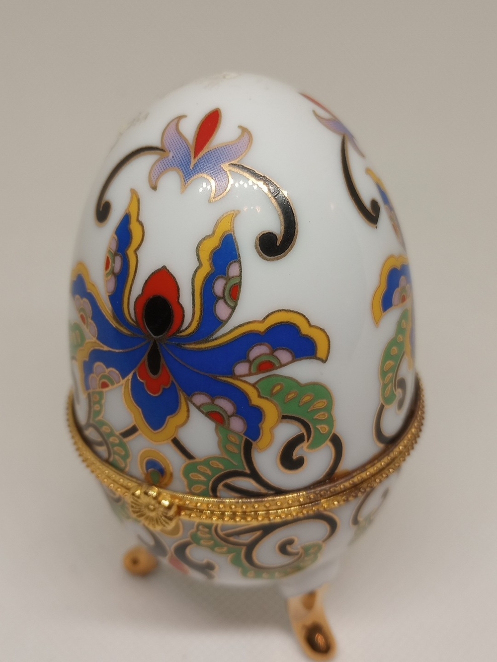 Decorative White Egg Trinket Box with Multicolor Floral Enamel